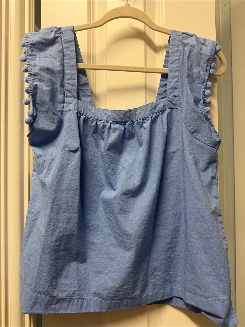 Light Blue Pom-Pom Sleeve Square Neck Women’s Top J Crew